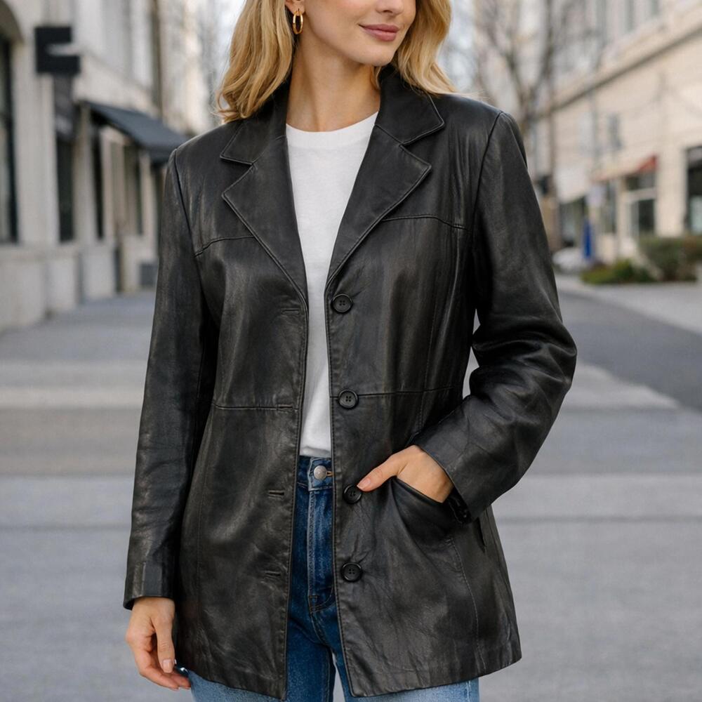 Vintage Studio Y Lambskin Leather Coat Black Button Front Jacket Women M